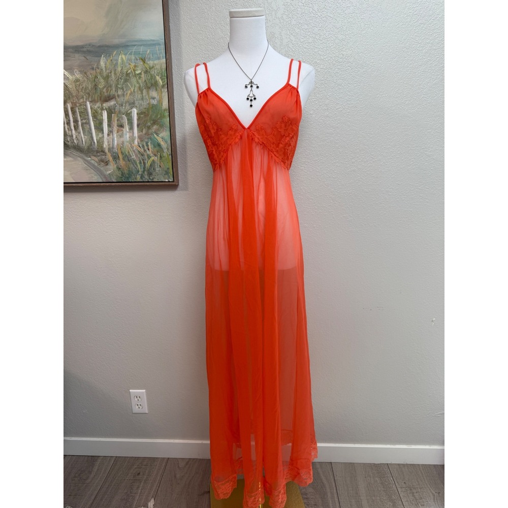 Vintage Orange Sheer Maxi Nightgown Lace Trim Double Strap Sleepwear Dress